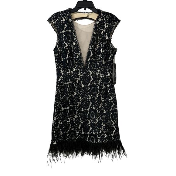Aidan Adrianna Papell Feather Trim Sheath Whimsy Lace Dress Black/Nude 14 NWT - Picture 4 of 10